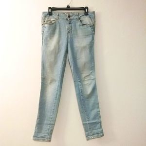 EUC ZARA Trafaluc Premium Light Wash Denim Skinny Jeans w/ Rip Patches Size 8